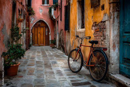 A narrow alleyway with a bike leaning against a wall