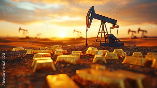 Oil pumpjack operating on a field scattered with gold bars under a vibrant sunset sky symbolizing wealth and energy extraction