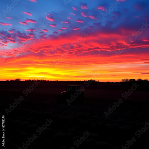 Wallpaper Mural Stunning Sunset Over Farm Field with Tractor Silhouette and Vibrant Sky in Rural Landscape Torontodigital.ca