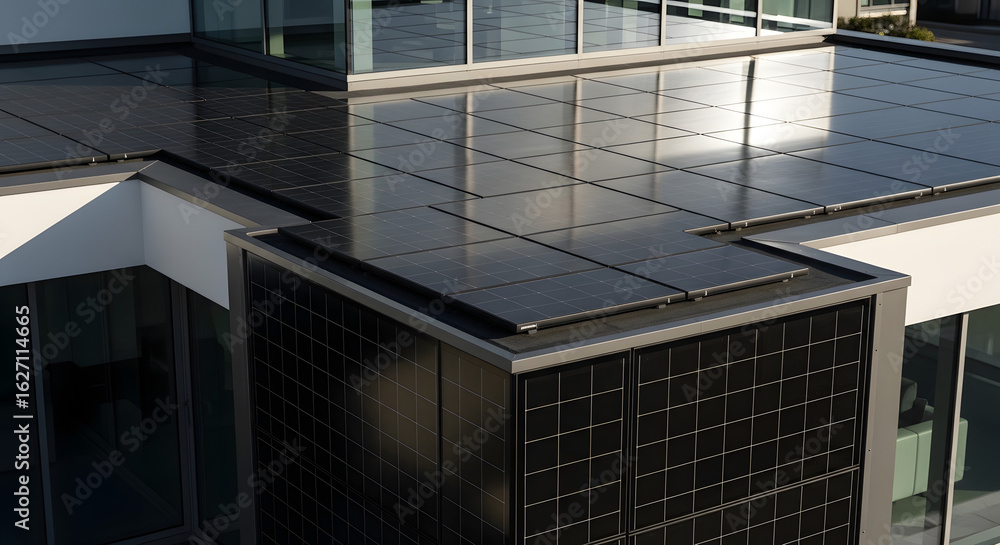 Fototapeta premium Close-up of solar tiles blending perfectly with luxury architecture, invisible integration, modern aesthetic. 