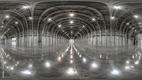 full seamless spherical hdri panorama 360 degrees in interior of large empty room as warehouse hangar or gallary with spotlights in equirectangular projection VR AR concept :.