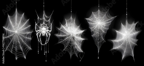 Realistic spider web. Scary cobwebs. Isolated insect nets. Halloween decoration line elements set. Arachnid nettings. Hanging white creepy spidery threads. Vector natural grid templates