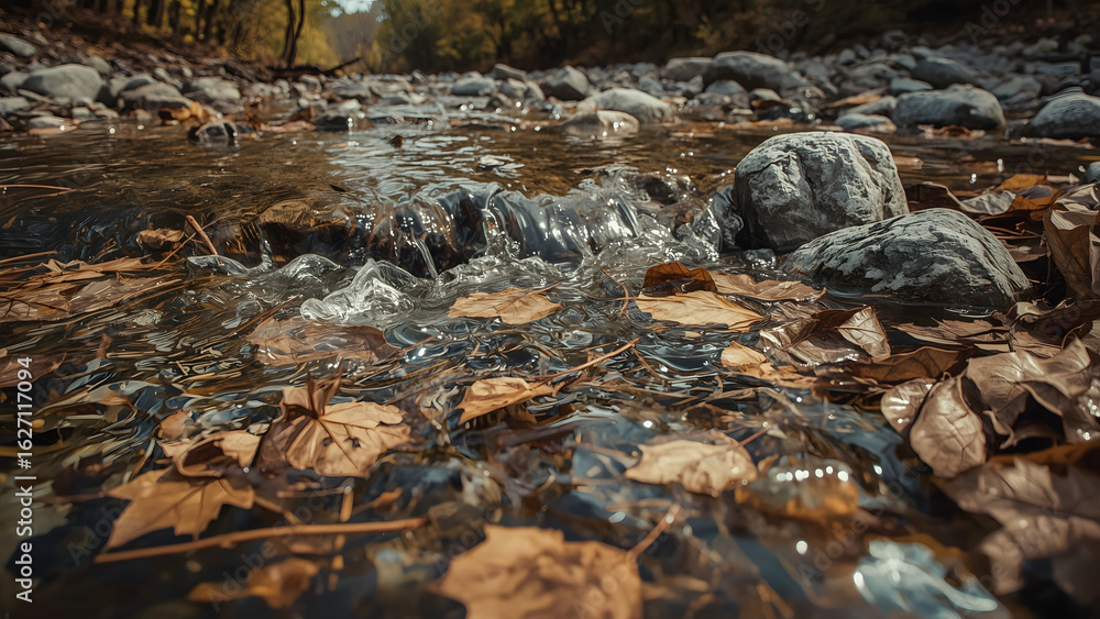 Fototapeta premium Shallow stream flows over rocks and autumn leaves.