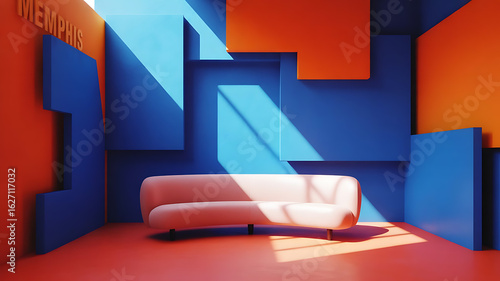 Fototapeta Naklejka Na Ścianę i Meble -   3d render of a vibrant color block interior in Memphis style with blue and orange colors, created with generative ai