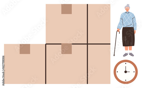 Elderly woman with cane near large cardboard boxes and a clock. Ideal for aging, relocation, time management, independent living, senior support, organization, simple flat metaphor