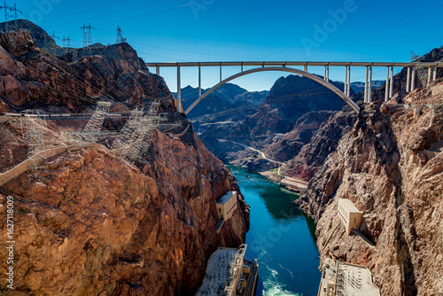 Hoover Dam area on the Colorado River between Nevada and Arizona creating Lake Mead and generating power for Las Vegas