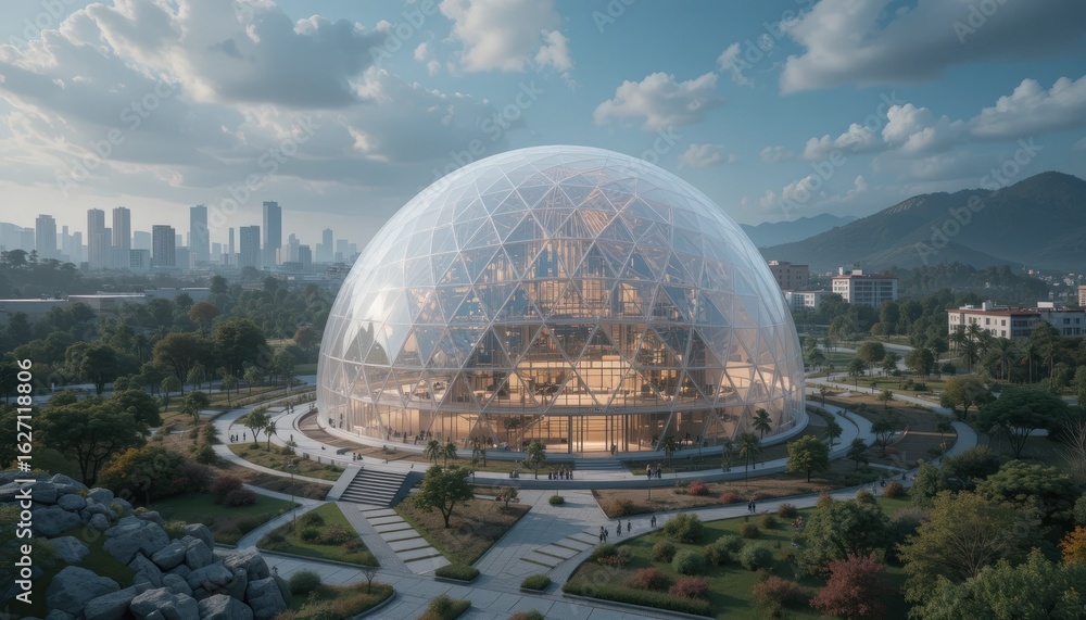 Fototapeta premium Futuristic Glass Dome Building in City Park