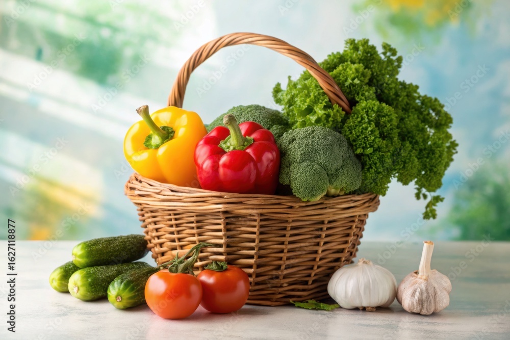 Fototapeta premium Vibrant fresh vegetables overflowing from a rustic basket, showcasing healthy eating
