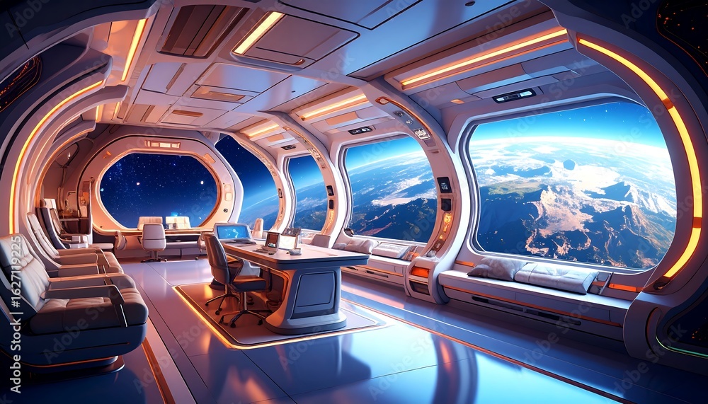 Fototapeta premium Futuristic spaceship interior with large windows