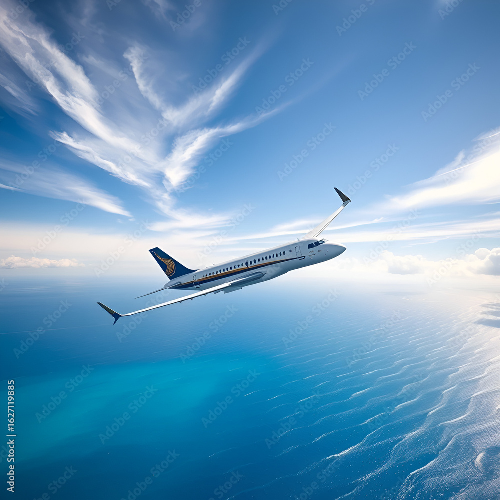 Fototapeta premium A passenger airplane soars gracefully above the sparkling blue ocean, depicting freedom and adventure against the backdrop of a stunningly vibrant sky and serene water.