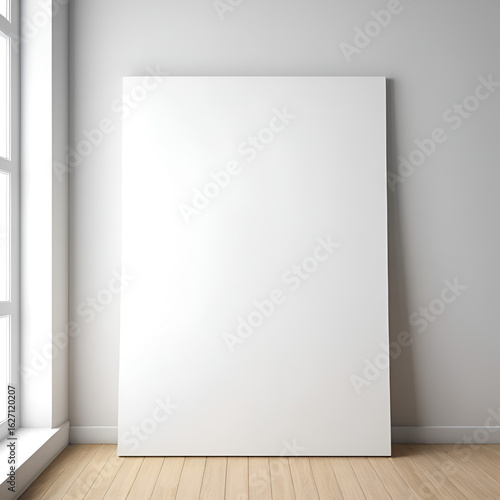 Blank vertical art canvas on wall. Clean surface for mockup, art presentation. Soft light on white wall