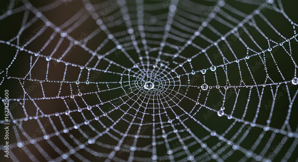 Fototapeta premium Delicate Cobweb with Sparkling Water Droplets on a Dark Green Background