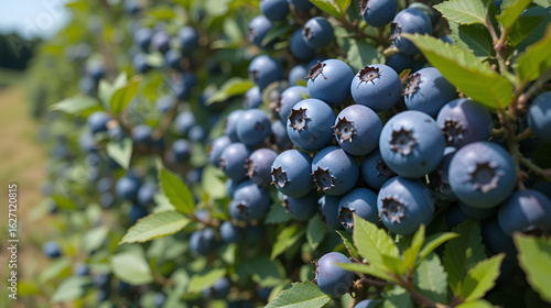 Closeup of Duke variety blueberry bushes loaded with large ripe blueberries on a u-pick farm on a sunny summer day, nutritious organic fruit, part of heathy lifestyle and diet