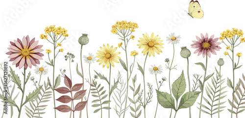 Abstract wildflowers and cute butterfly, horizontal floral border of colored flowers and leaves, isolated watercolor illustration for invitation, greeting cards or wallpapers.