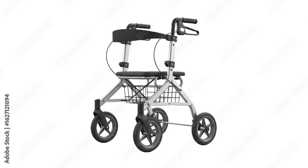 Fototapeta premium Silver Three Wheeled Rollator with Black Padded Seat and Handle Grips on Transparent Background for Mobility Support and Assistance in Studio Lighting