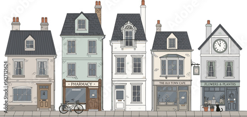 Old town street with beautiful houses and design elements, watercolor illustration for wallpaper, banner or card, horizontal city landscape.
