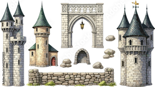 Set of different castle towers, element big bridge, tree and plants. Watercolor collection for your design, fantasy isolated illustration for design cover books or wallpapers.