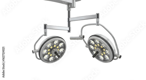 Studio Shot of Two Silver Surgical Lights on White Background Medical Lighting Equipment for Operating Room Healthcare and Surgery