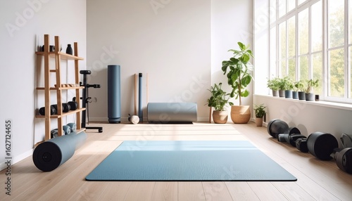 Bright home gym with blue yoga mat, weights, plants, and natural light
