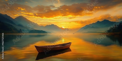 Fototapeta Naklejka Na Ścianę i Meble -  Calm wooden boat floating on still lake water during a dramatic golden sunset with silhouetted mountains and cloudy sky