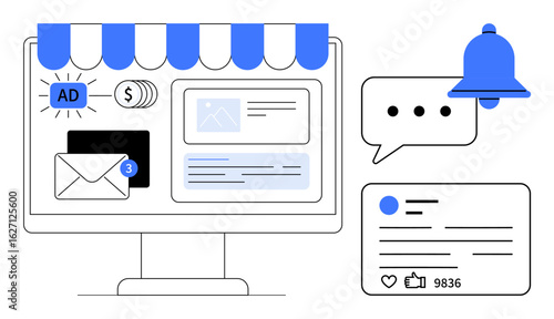 Computer with online storefront, ad banners, email, social interactions, and alert notifications. Ideal for e-commerce, digital marketing, communication, branding business growth online
