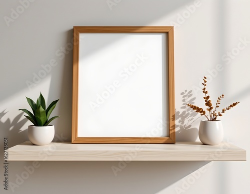 a stylish living space with natural light illuminating it. the focal point is a framed mirror leaning against a wooden shelf