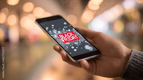 Wallpaper Mural A hand holding a phone with a Black Friday promotion displayed on the screen. Background is soft, blurred lights, adding to the festive feel. Torontodigital.ca