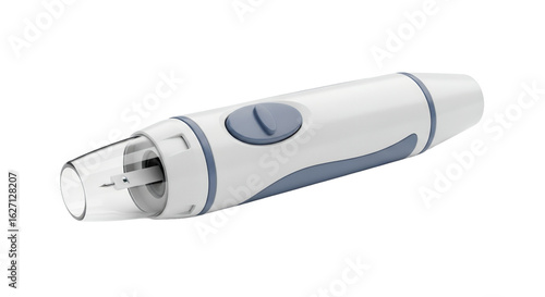 White and Blue Lancet Device on Transparent Background for Medical Use with Emphasis on Cleanliness and Simple Design