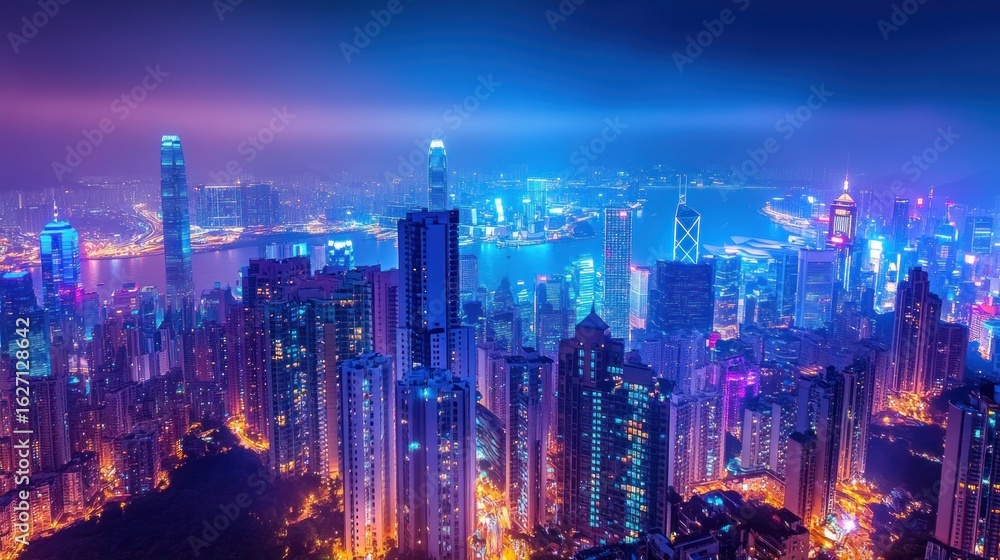 Fototapeta premium an aerial view captures the vibrant energy of a city at night showcasing towering skyscrapers illuminated with bright neon lights and the vast ocean creating a breathtaking scene