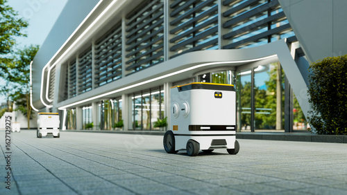 A compact autonomous delivery robot moves smoothly across an indoor environment, showcasing modern robotics in motion. Ideal for illustrating smart logistics, warehouse automation- 3D rendering