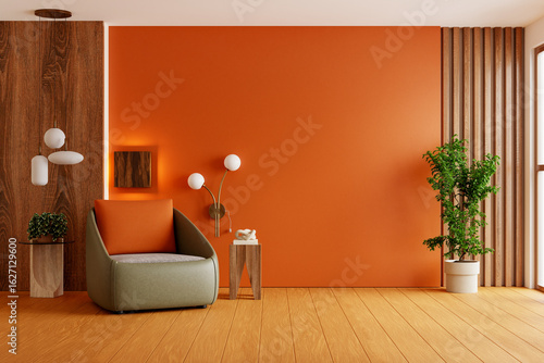 Modern cozy reading corner with orange wall and wood elements- 3D rendering