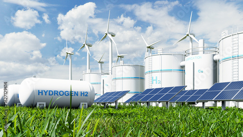 Hydrogen energy plant with wind turbines and solar panels- 3D rendering