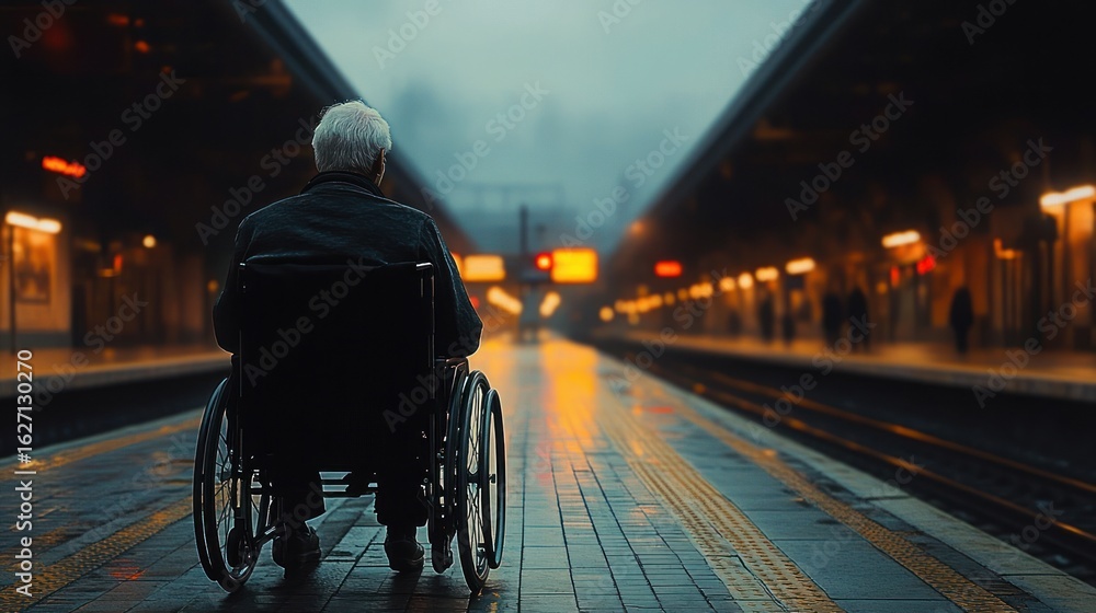 Obraz premium Elderly person in wheelchair alone on empty train station platform at dusk with moody and contemplative atmosphere