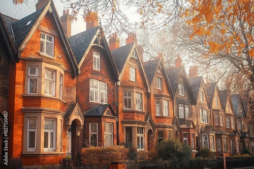 Wallpaper Mural Row of classic red brick Victorian houses with ornate gables and chimneys lined along a tree-lined street in autumn Torontodigital.ca