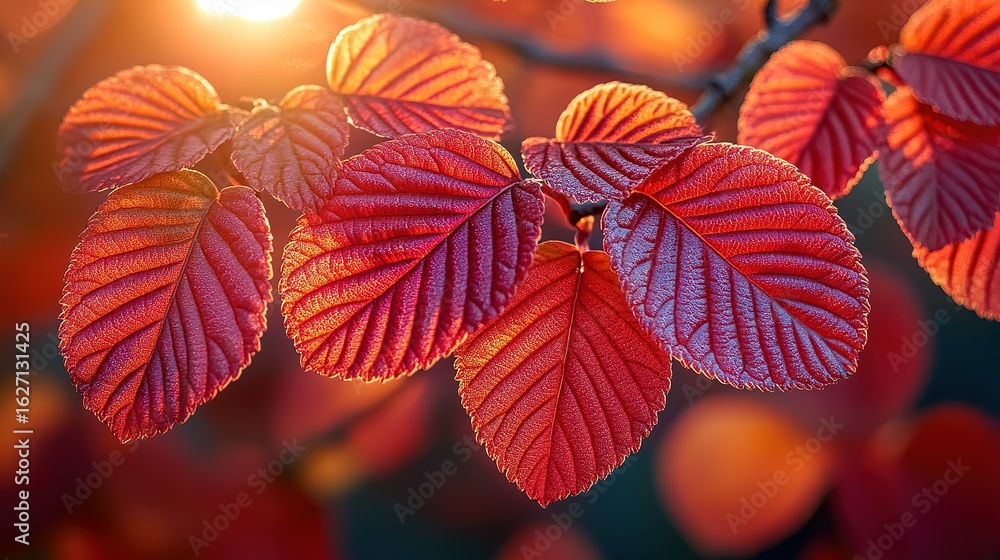 Fototapeta premium Vibrant Red Autumn Leaves Translucent in Golden Sunlight, Revealing Intricate Veins and Textured Surface