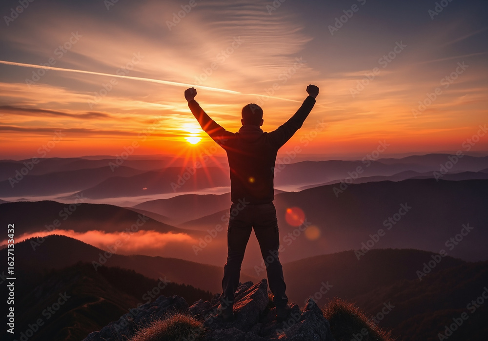 Fototapeta premium Triumphant man celebrating success with arms raised on a mountain top watching an epic sunrise