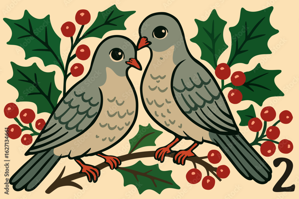 Fototapeta premium Two turtle doves. The twelve days of Christmas. English Christmas carol. Second day. Vector isolated illustration
