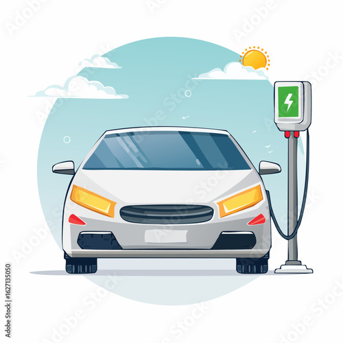 Vector illustration of EV car charging with sun and modern charging station