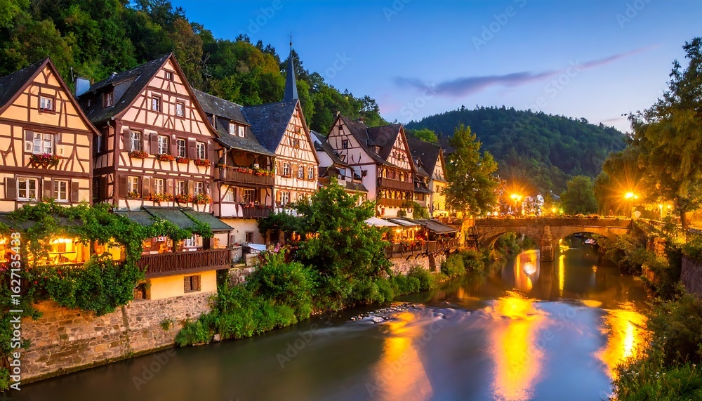 Charming European town at twilight Charming European town at twilight
