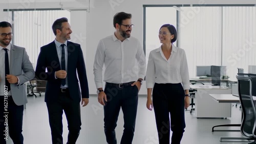 Confident Business Team Walking Together in Modern Office Space, Collaboration