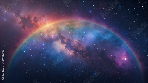 A rainbow arches across a vibrant, star-filled galaxy.
