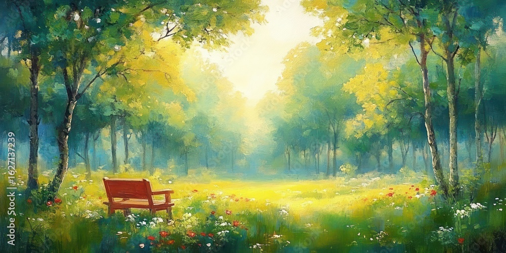 Obraz premium Sunlit peaceful forest clearing with green trees surrounding a wooden bench and a meadow filled with colorful wildflowers evoking calm and serenity