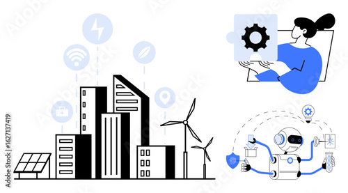 Urban skyline connected with renewable energy sources, woman interacting with a gear chart, and robot automating tasks. Ideal for technology, AI, sustainability, energy, innovation, urban planning