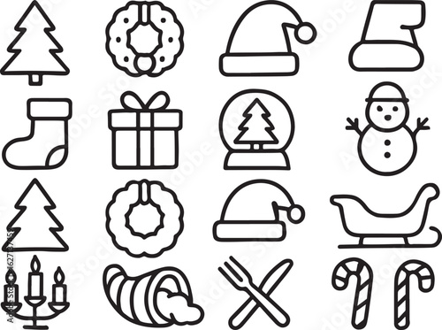Christmas icons festive holiday objects tree wreath