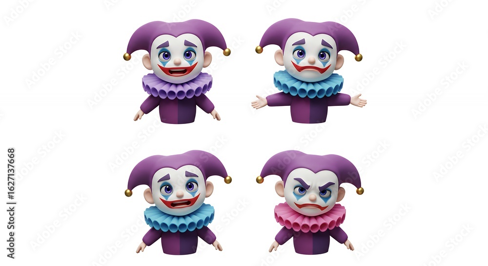 Fototapeta premium Cartoon jesters with different facial expressions isolated on white background