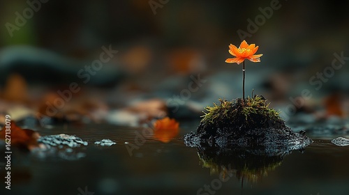 Luminous Orange Flower on a Mossy Islet with a Glistening Water Droplet