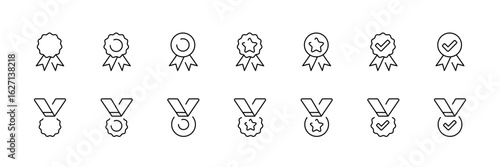 Award and achievement outline icons set – linear, prizes, recognition symbols