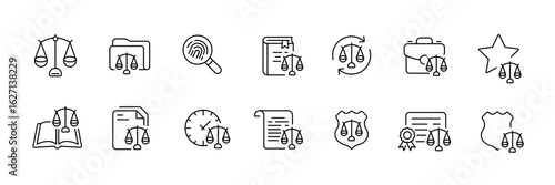 Legal and justice outline icons set – linear, law, courtroom symbols