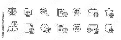 Law and justice line icons set – legal, outline, courtroom and attorney symbols