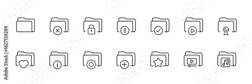 Folder organization outline icons set – linear, minimalist, file and directory symbols